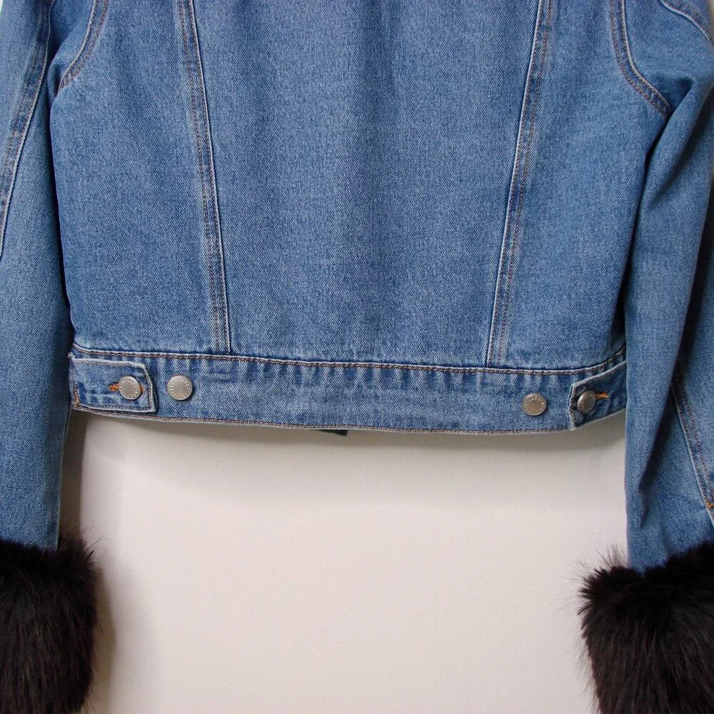 Anthropologie Avec Les Filles Denim Jean Jacket Faux Fur Trim Size Small NEW - Picture 14 of 15